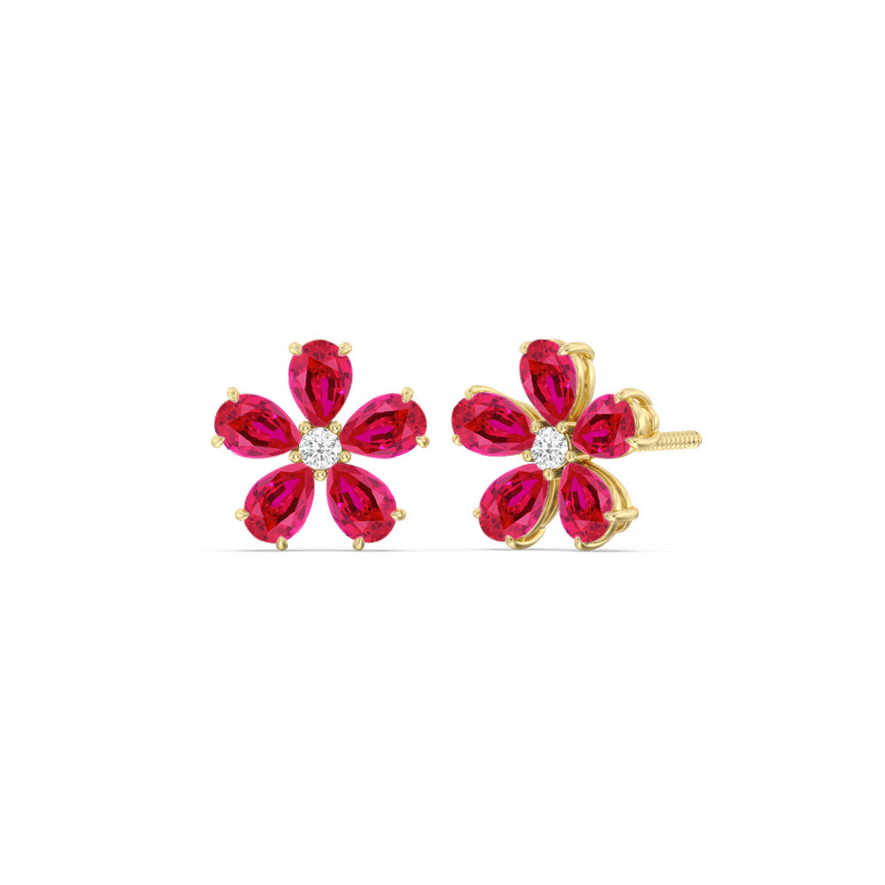 Ruby and Diamond Daisy Studs with 14KT Yellow Gold Cut Diamond in 14KT Yellow Gold view 1
