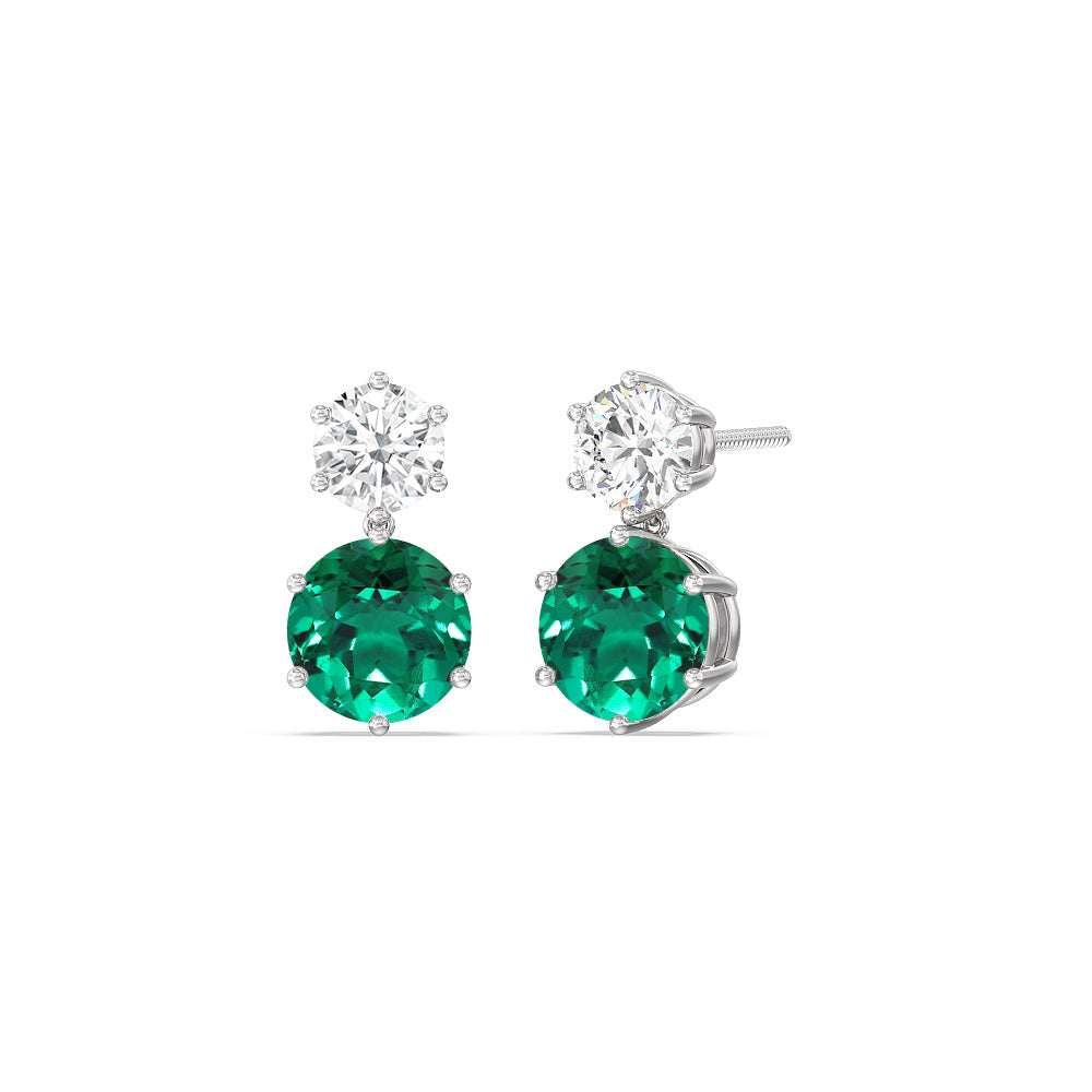 Emerald and Diamond Duo Stud Earrings with Sterling Silver Cut Diamond in 14KT Sterling Silver view 1
