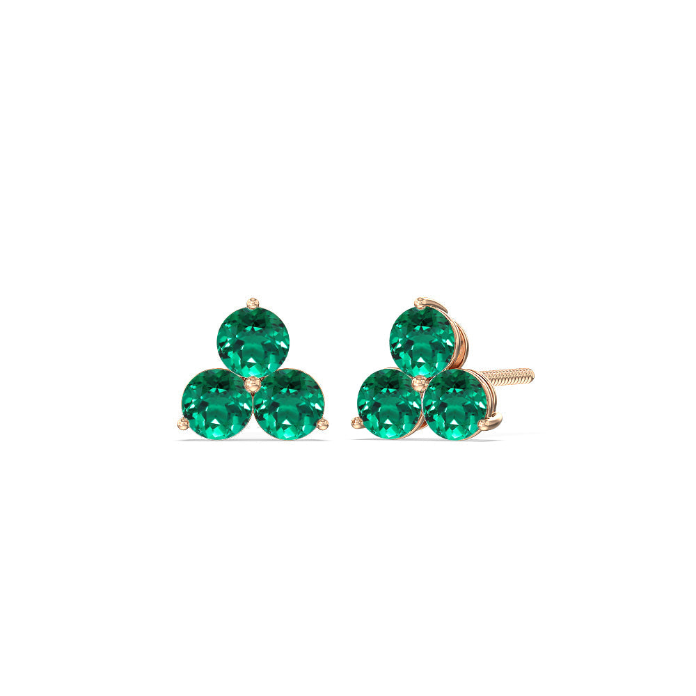 Emerald Classic Three Stone Cluster Earrings with 14KT Rose Gold Cut Diamond in 14KT Rose Gold view 1
