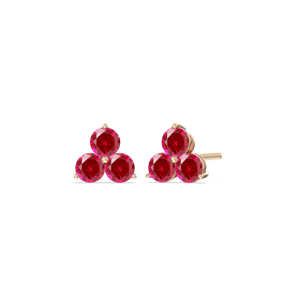 Ruby Classic Three Stone Cluster Earrings with 14KT Rose Gold Cut Diamond in 14KT Rose Gold view 1
