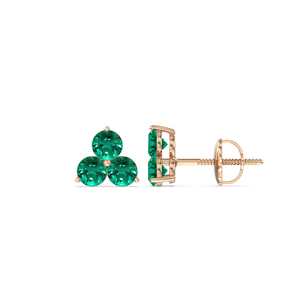Emerald Classic Three Stone Cluster Earrings with 14KT Rose Gold Cut Diamond in 14KT Rose Gold view 2
