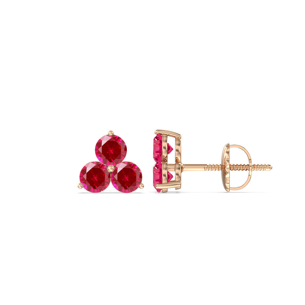 Ruby Classic Three Stone Cluster Earrings with 14KT Rose Gold Cut Diamond in 14KT Rose Gold view 2
