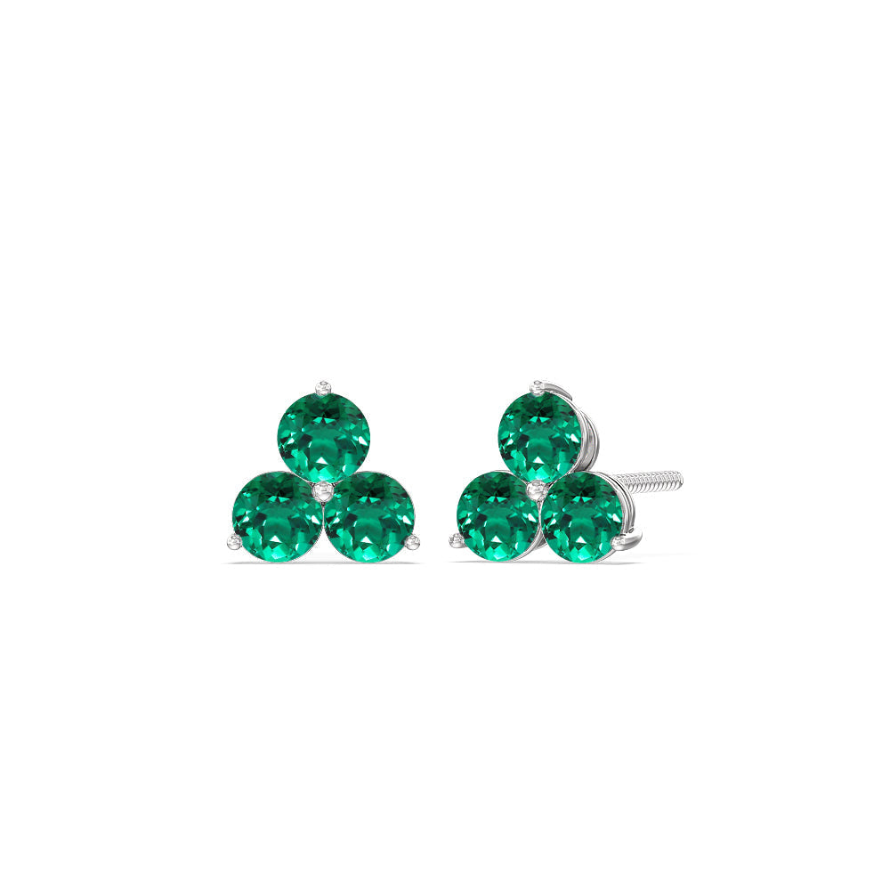 Emerald Classic Three Stone Cluster Earrings with Sterling Silver Cut Diamond in 14KT Sterling Silver view 1
