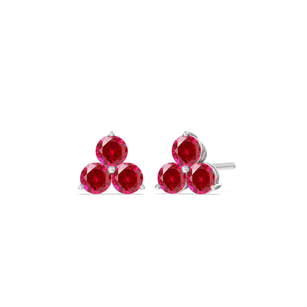 Ruby Classic Three Stone Cluster Earrings with 14KT White Gold Cut Diamond in 14KT White Gold view 1
