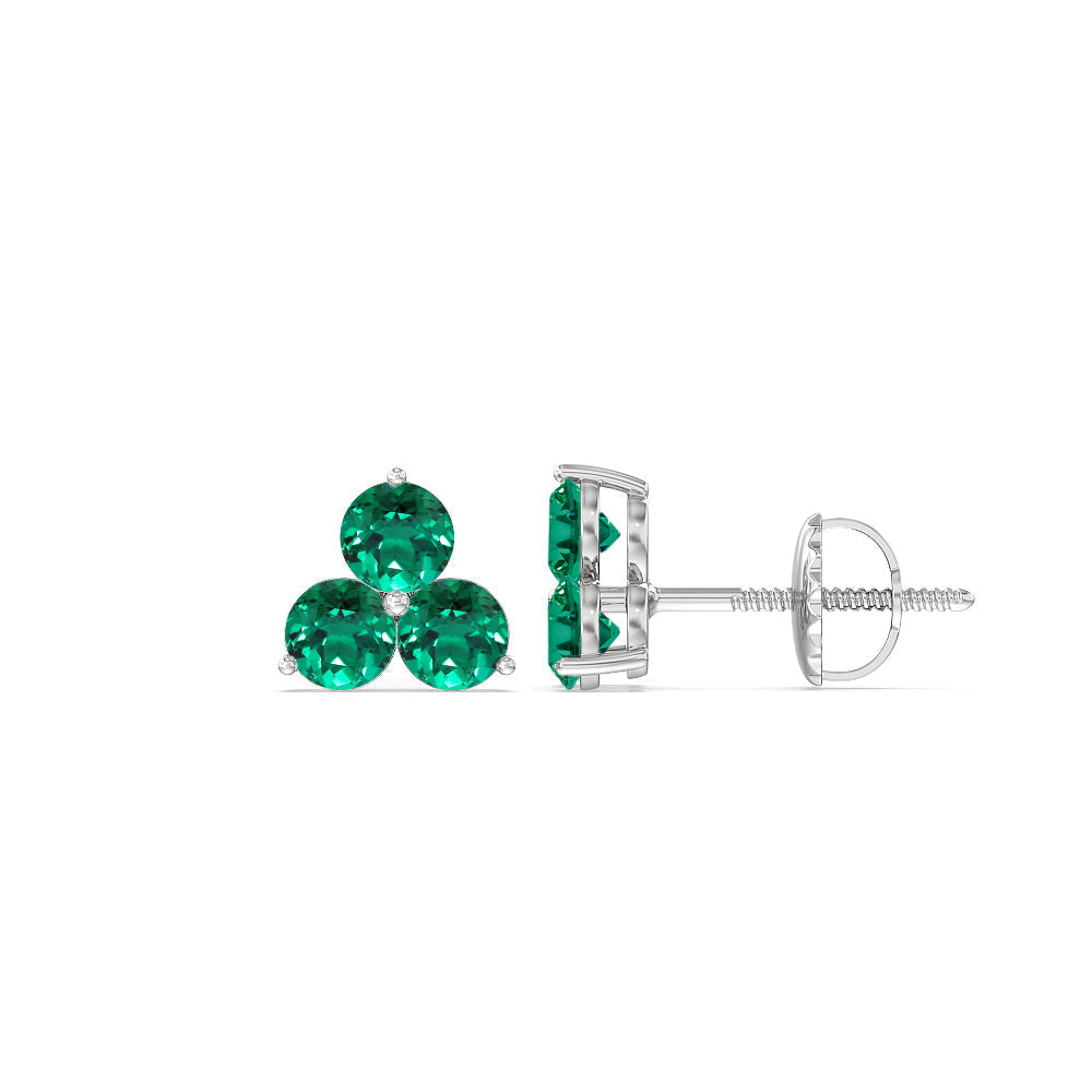 Emerald Classic Three Stone Cluster Earrings with Sterling Silver Cut Diamond in 14KT Sterling Silver view 2

