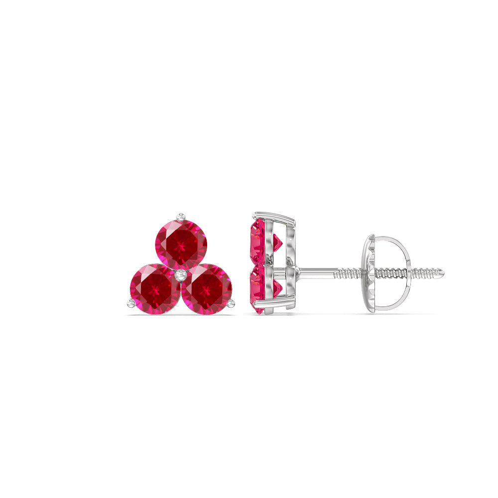 Ruby Classic Three Stone Cluster Earrings with 14KT White Gold Cut Diamond in 14KT White Gold view 2
