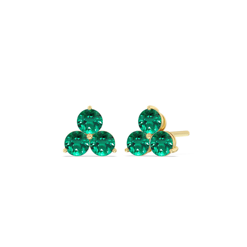 Emerald Classic Three Stone Cluster Earrings with 14KT Yellow Gold Cut Diamond in 14KT Yellow Gold view 1

