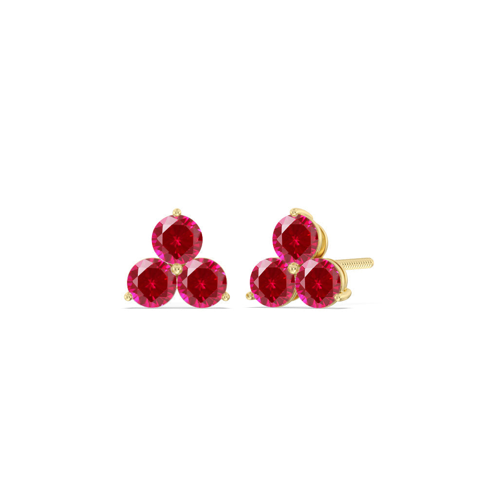 Ruby Classic Three Stone Cluster Earrings with 14KT Yellow Gold Cut Diamond in 14KT Yellow Gold view 1
