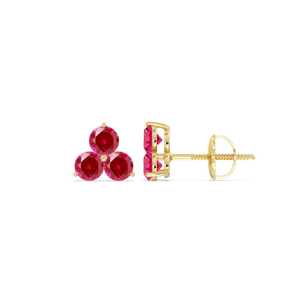 Ruby Classic Three Stone Cluster Earrings with 14KT Yellow Gold Cut Diamond in 14KT Yellow Gold view 2
