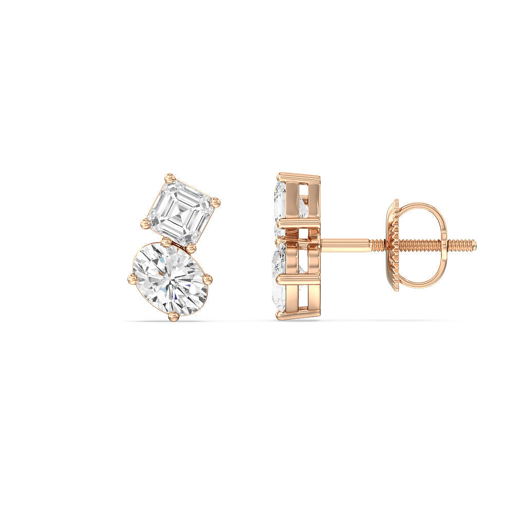 Toi Et Moi Square Emerald and Oval Diamond Stud Earrings with 14KT Rose Gold / Lab / 1 3/4 Cut Diamond in 14KT Rose Gold / Lab / 1 3/4 view 2
