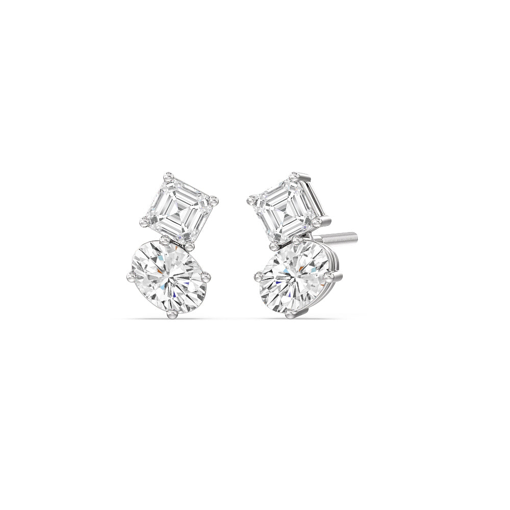 Toi Et Moi Square Emerald and Oval Diamond Stud Earrings with 14KT White Gold / Lab / 1 3/4 Cut Diamond in 14KT White Gold / Lab / 1 3/4 view 1

