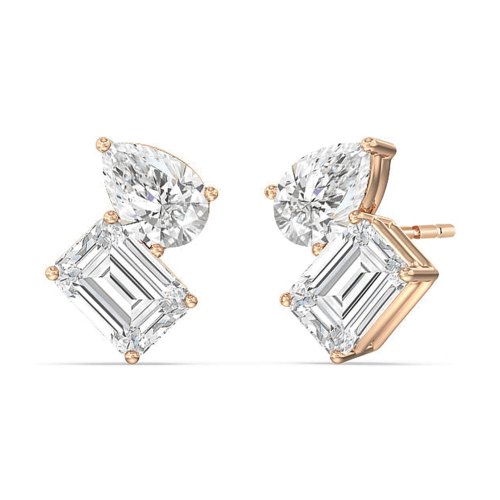 Toi et Moi Pear Emerald Studs with 14KT Rose Gold / Lab / 2 1/4 Cut Diamond in 14KT Rose Gold / Lab / 2 1/4 view 1
