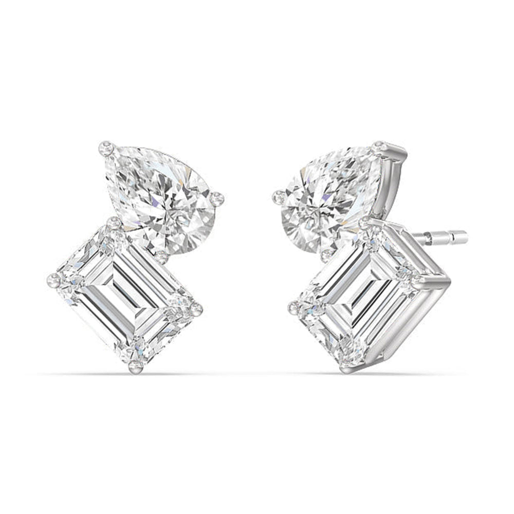 Toi et Moi Pear Emerald Studs with 14KT White Gold / Lab / 2 1/4 Cut Diamond in 14KT White Gold / Lab / 2 1/4 view 1
