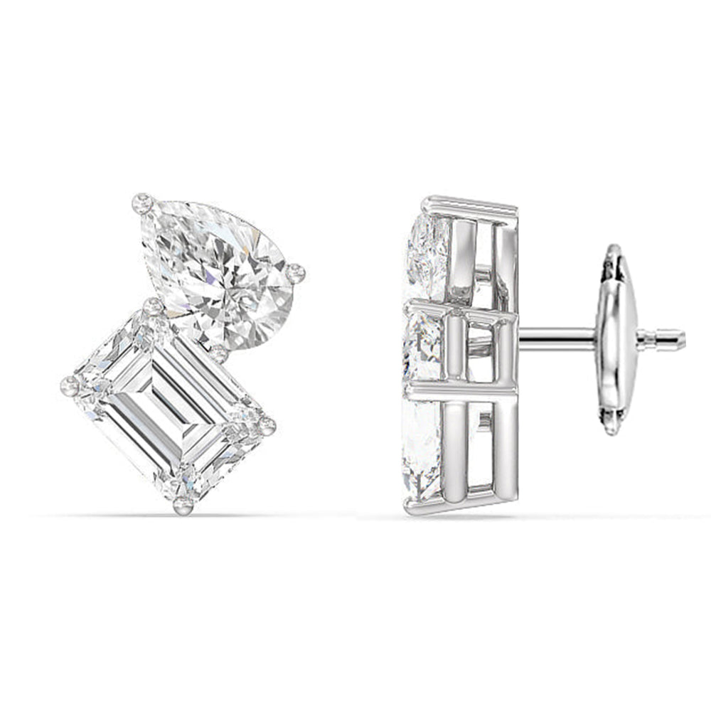 Toi et Moi Pear Emerald Studs with 14KT White Gold / Lab / 2 1/4 Cut Diamond in 14KT White Gold / Lab / 2 1/4 view 4
