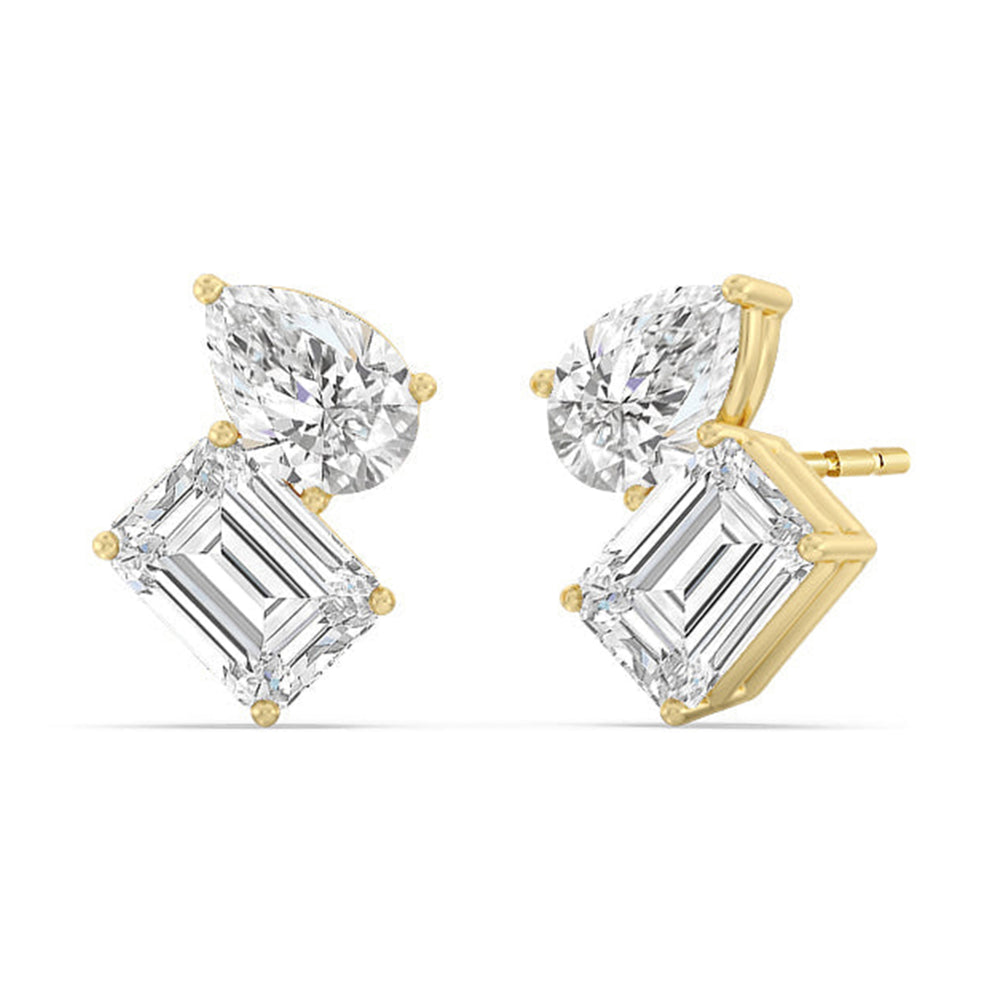 Toi et Moi Pear Emerald Studs with 14KT Yellow Gold / Lab / 2 1/4 Cut Diamond in 14KT Yellow Gold / Lab / 2 1/4 view 1
