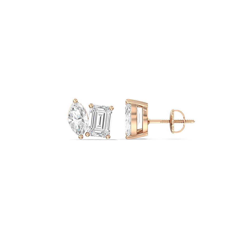 Toi Et Moi Marquise Emerald Stud Earrings with 14KT Rose Gold / Lab / 2 1/4 Cut Diamond in 14KT Rose Gold / Lab / 2 1/4 view 2
