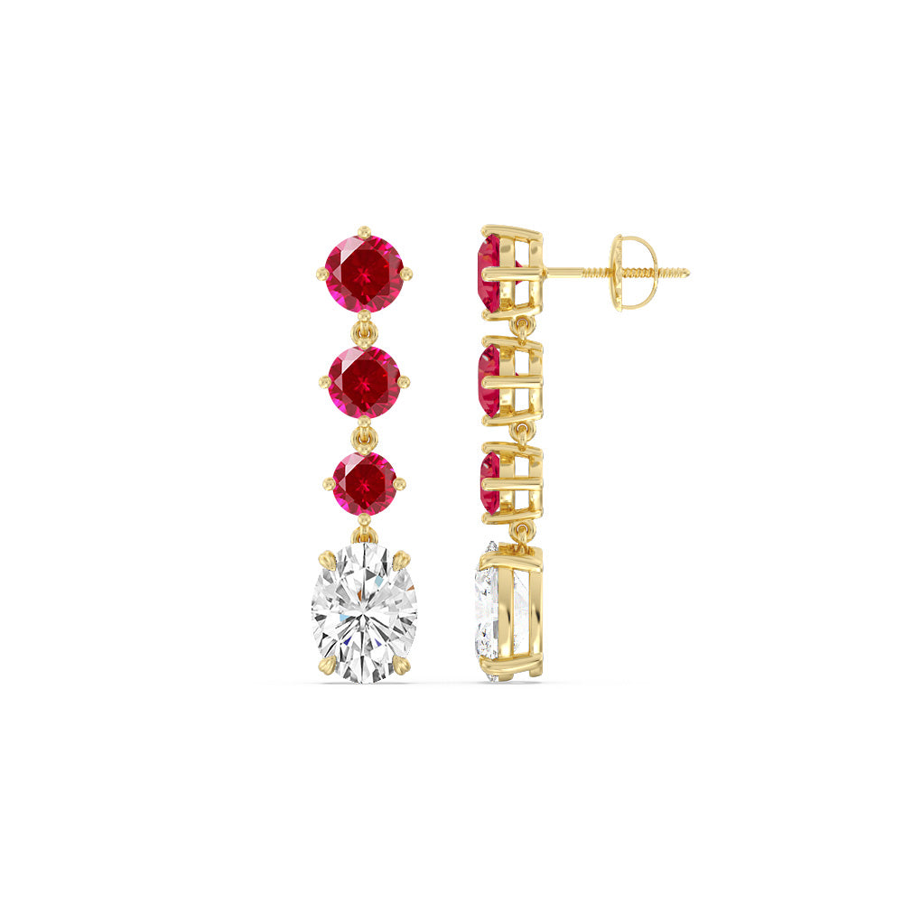 Elegance Oval Diamond And Created Ruby Dangler Earrings with 14KT Yellow Gold Cut Diamond in 14KT Yellow Gold view 2
