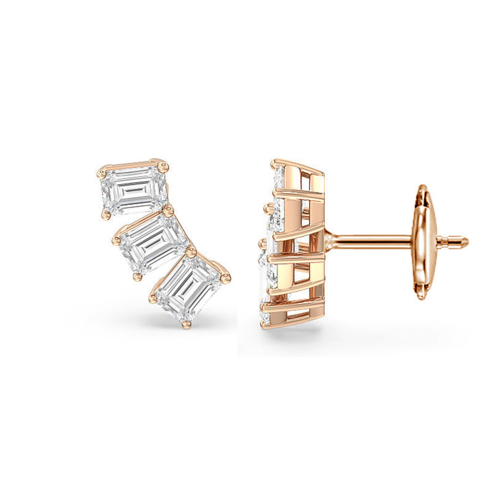 Trilogy Emerald Cut Climber Earrings with 14KT Rose Gold / Right / 1 1/8 Cut Diamond in 14KT Rose Gold / Right / 1 1/8 view 4
