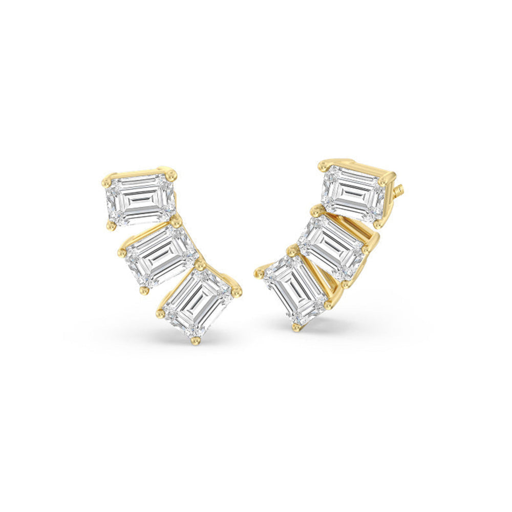 Trilogy Emerald Cut Climber Earrings with 14KT Yellow Gold / Left / 1 1/8 Cut Diamond in 14KT Yellow Gold / Left / 1 1/8 view 1
