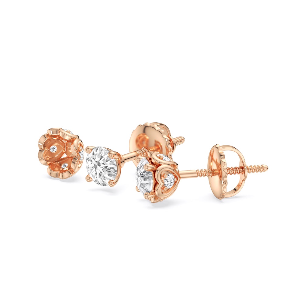 Four Prong Heart Basket Diamond Stud Earrings with 14KT Rose Gold / Lab / 1 Cut Diamond in 14KT Rose Gold / Lab / 1 view 6
