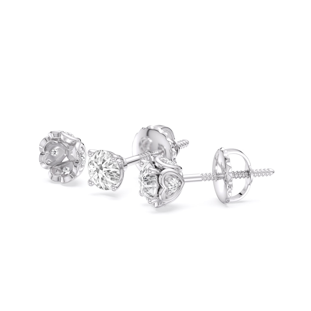 Four Prong Heart Basket Diamond Stud Earrings with 14KT White Gold / Lab / 1 Cut Diamond in 14KT White Gold / Lab / 1 view 6
