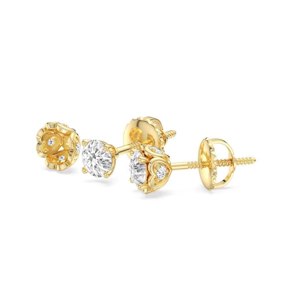Four Prong Heart Basket Diamond Stud Earrings with 14KT Yellow Gold / Lab / 1 Cut Diamond in 14KT Yellow Gold / Lab / 1 view 6
