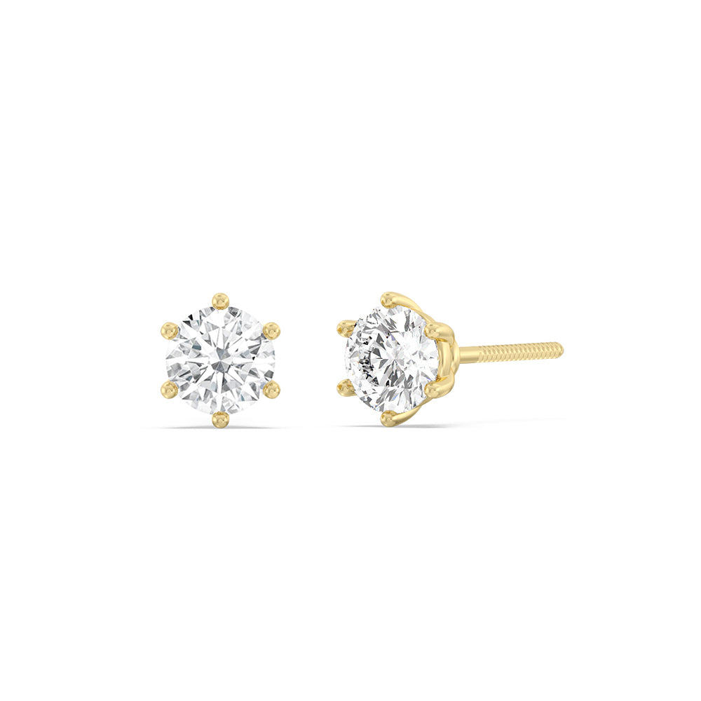 Round Diamond Six Prong Stud Earrings (F/G SI+) with 14KT Yellow Gold / Lab / 1 Cut Diamond in 14KT Yellow Gold / Lab / 1 view 1
