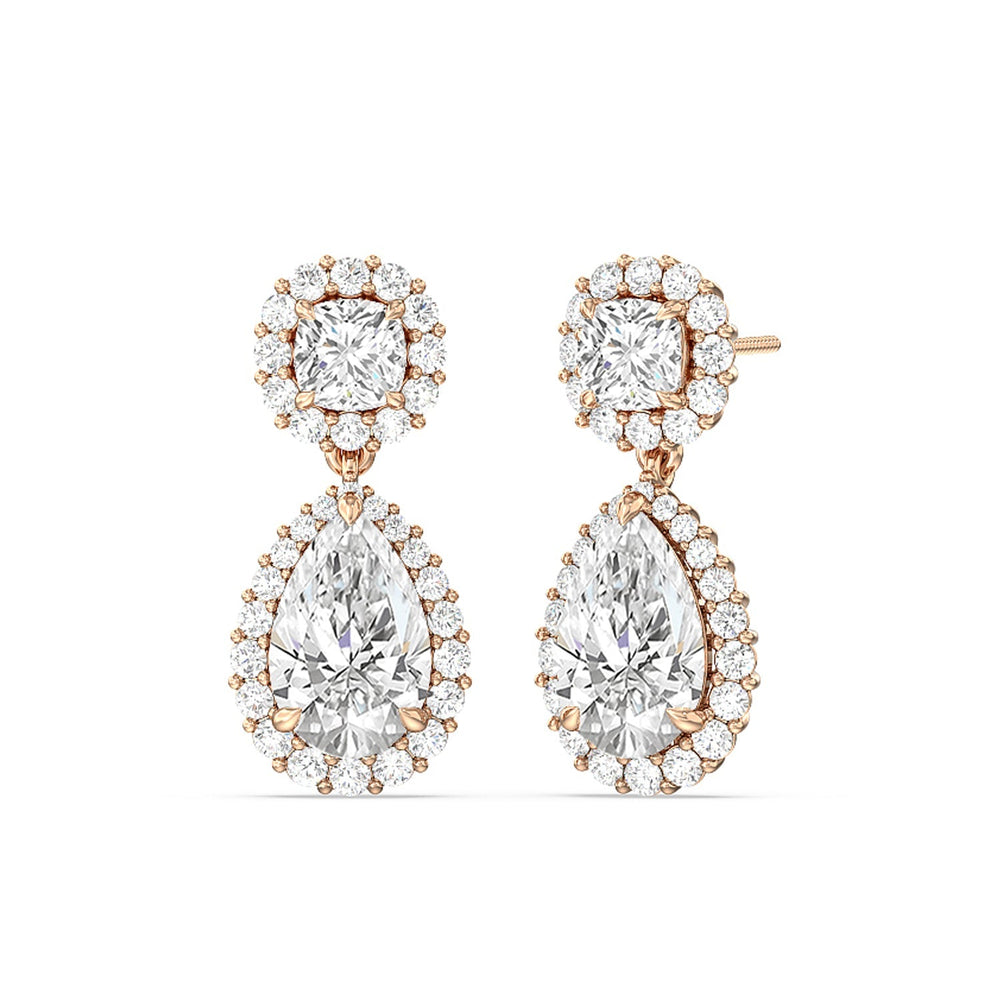 Halo Cushion and Pear Drop Earrings with 14KT Rose Gold / Lab / 9 5/8 Cut Diamond in 14KT Rose Gold / Lab / 9 5/8 view 1
