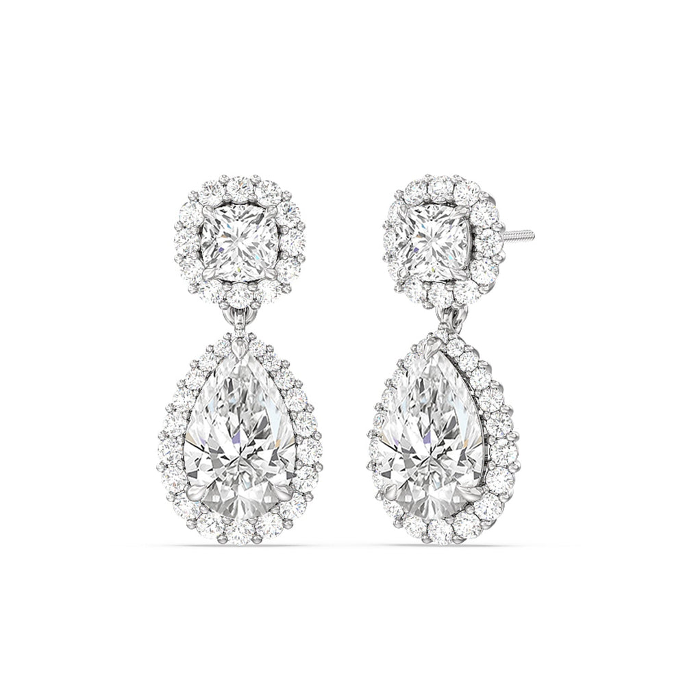 Halo Cushion and Pear Drop Earrings with 14KT White Gold / Lab / 9 5/8 Cut Diamond in 14KT White Gold / Lab / 9 5/8 view 1
