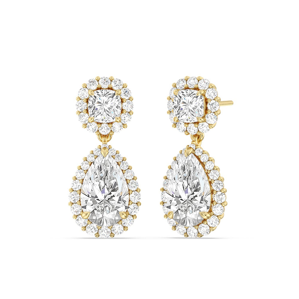Halo Cushion and Pear Drop Earrings with 14KT Yellow Gold / Lab / 9 5/8 Cut Diamond in 14KT Yellow Gold / Lab / 9 5/8 view 1
