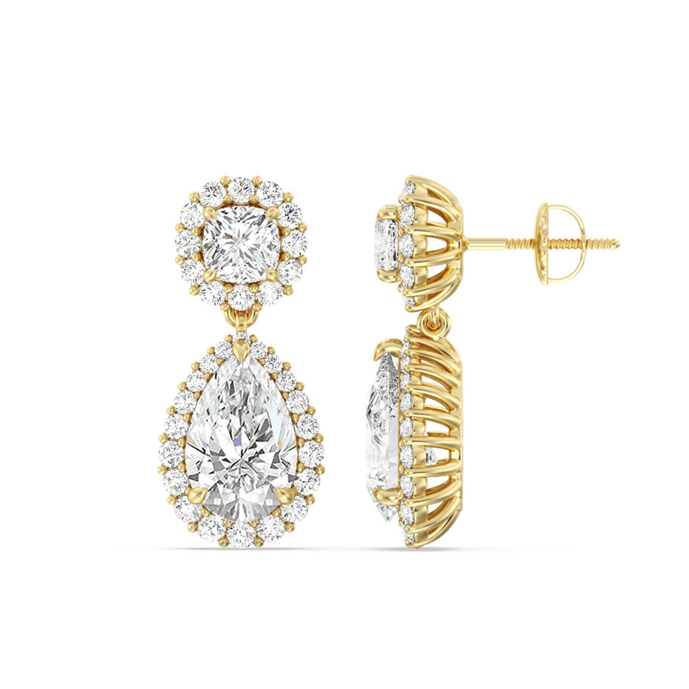 Halo Cushion and Pear Drop Earrings with 14KT Yellow Gold / Lab / 9 5/8 Cut Diamond in 14KT Yellow Gold / Lab / 9 5/8 view 2
