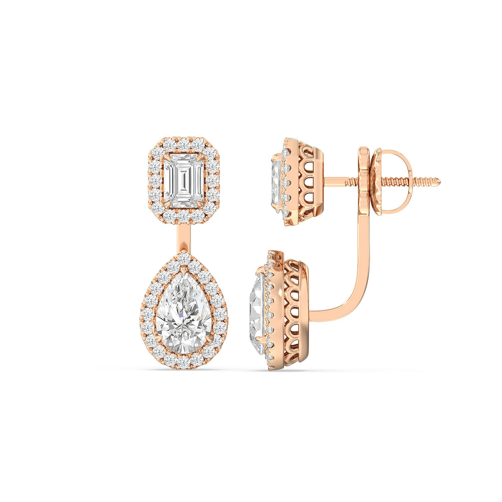 Toi Et Moi Halo Emerald And Teardrop Front Back Earrings with 14KT Rose Gold / Lab / 3 5/8 Cut Diamond in 14KT Rose Gold / Lab / 3 5/8 view 2
