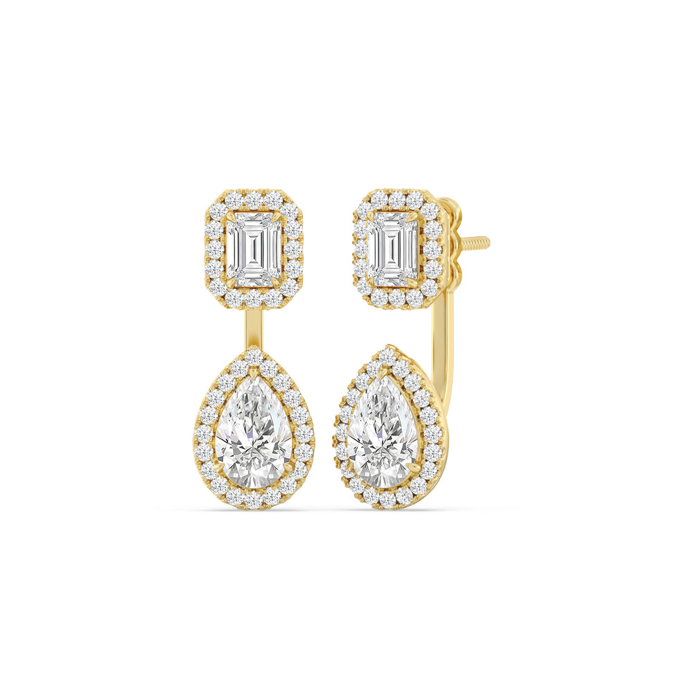 Toi Et Moi Halo Emerald And Teardrop Front Back Earrings with 14KT Yellow Gold / Lab / 3 5/8 Cut Diamond in 14KT Yellow Gold / Lab / 3 5/8 view 1
