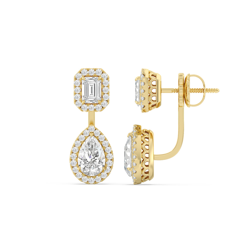 Toi Et Moi Halo Emerald And Teardrop Front Back Earrings with 14KT Yellow Gold / Lab / 3 5/8 Cut Diamond in 14KT Yellow Gold / Lab / 3 5/8 view 2
