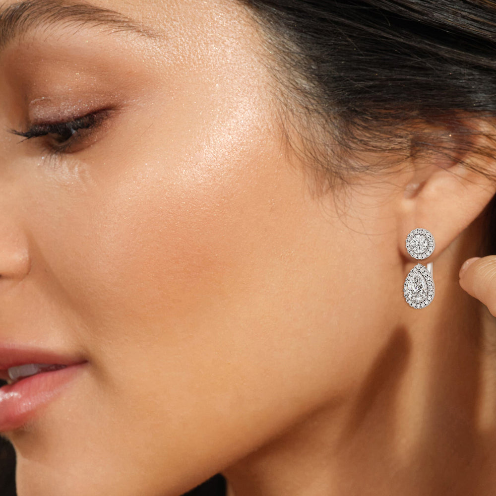 Model Wearing Toi Et Moi Halo Round and Teardrop Front Back Earrings view