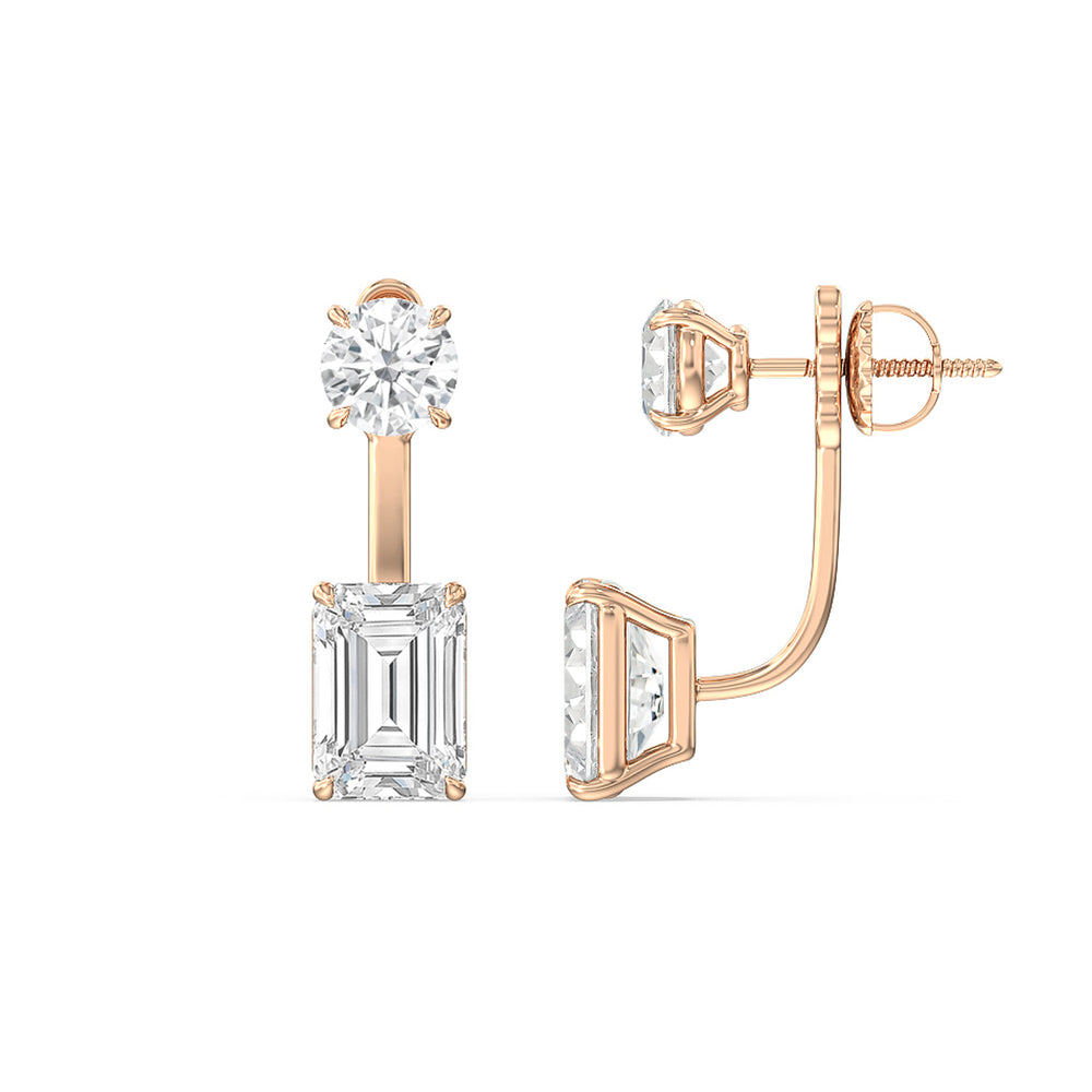 Toi Et Moi Round and Emerald Front Back Earrings with 14KT Rose Gold / Lab / 4 Cut Diamond in 14KT Rose Gold / Lab / 4 view 2
