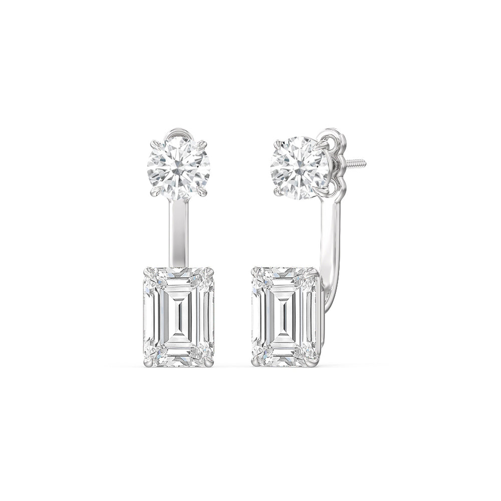 Toi Et Moi Round and Emerald Front Back Earrings with 14KT White Gold / Lab / 4 Cut Diamond in 14KT White Gold / Lab / 4 view 1
