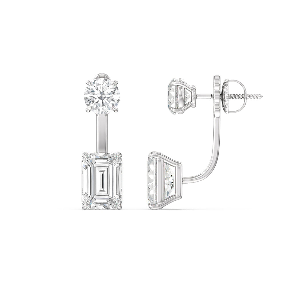 Toi Et Moi Round and Emerald Front Back Earrings with 14KT White Gold / Lab / 4 Cut Diamond in 14KT White Gold / Lab / 4 view 2
