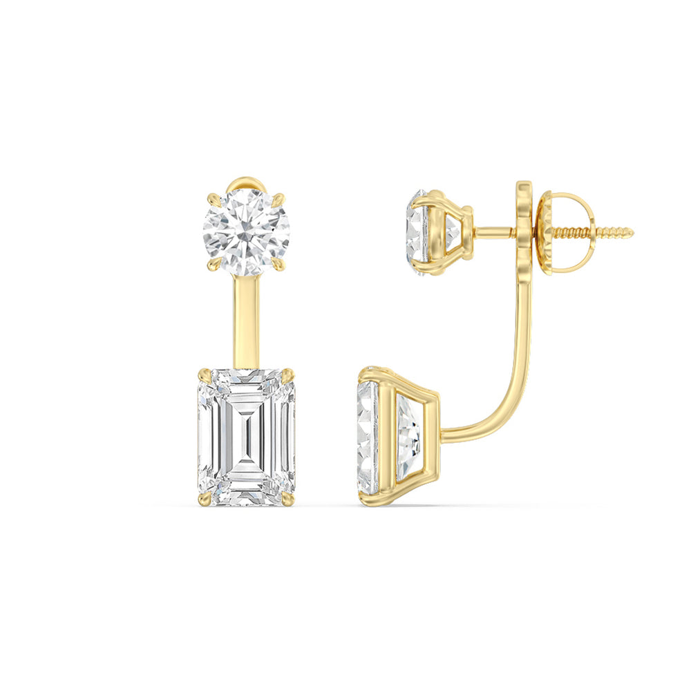 Toi Et Moi Round and Emerald Front Back Earrings with 14KT Yellow Gold / Lab / 4 Cut Diamond in 14KT Yellow Gold / Lab / 4 view 2
