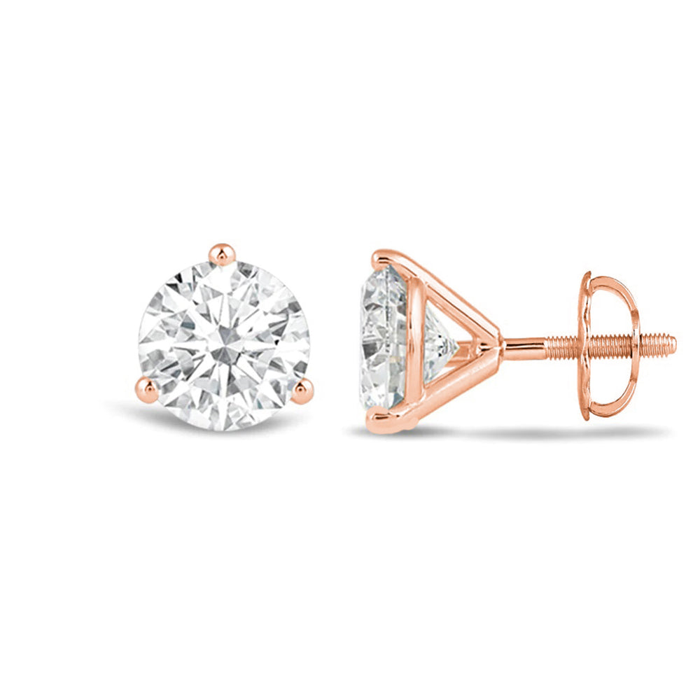 Classic Round Brilliant Cut Diamond Three Prong Martini Stud Earrings (F/G VS+) with 14KT Rose Gold / Lab / 3 Cut Diamond in 14KT Rose Gold / Lab / 3 view 4
