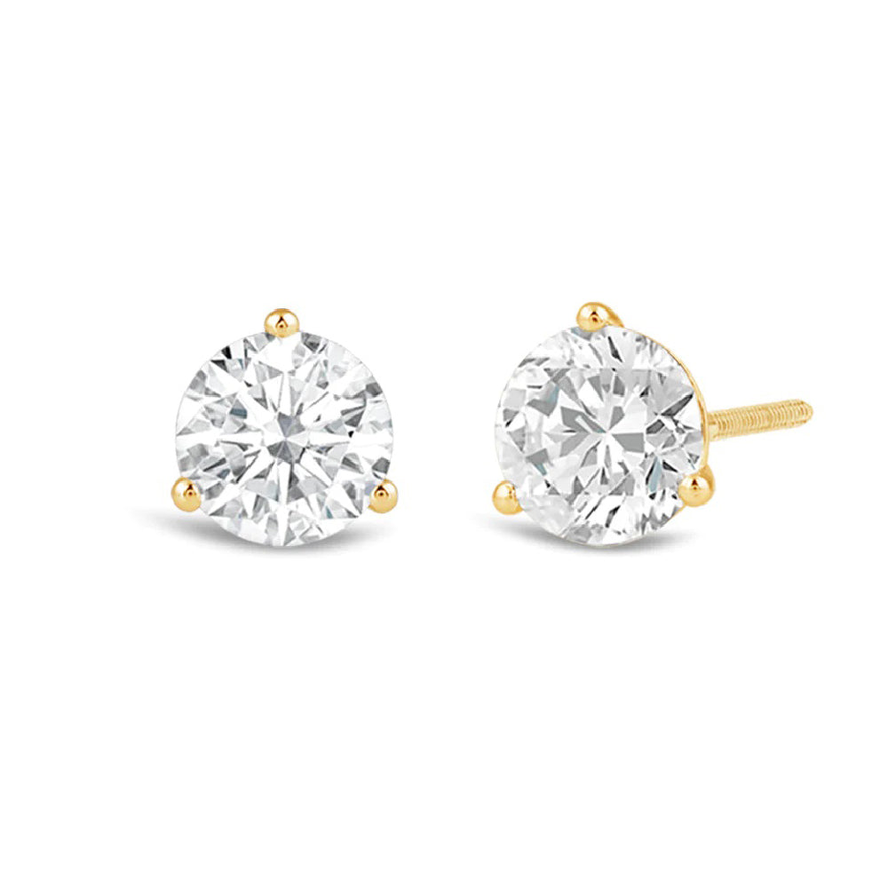 Classic Round Brilliant Cut Diamond Three Prong Martini Stud Earrings (F/G VS+) with 14KT Yellow Gold / Lab / 3 Cut Diamond in 14KT Yellow Gold / Lab / 3 view 1
