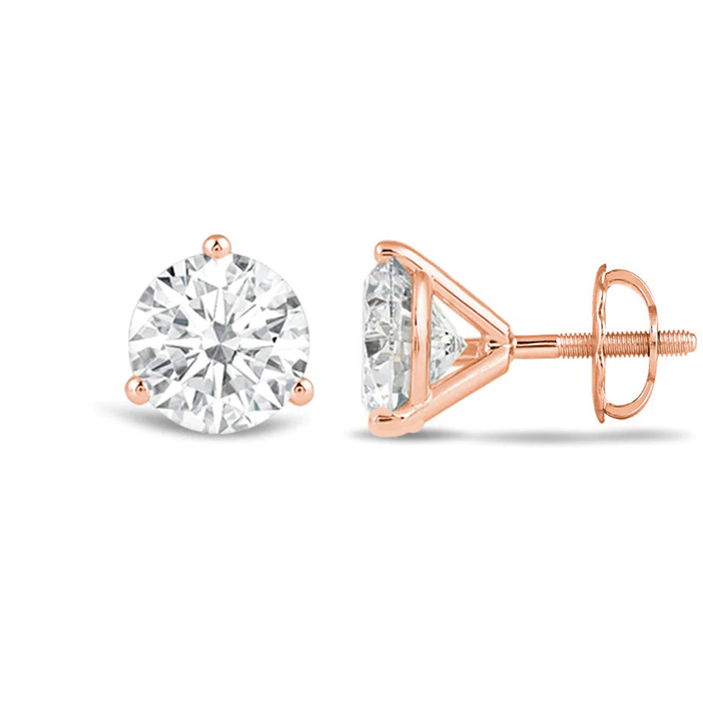 Classic Round Brilliant Cut Diamond Three Prong Martini Stud Earrings (F/G VS+) with 14KT Rose Gold / Lab / 4 Cut Diamond in 14KT Rose Gold / Lab / 4 view 4
