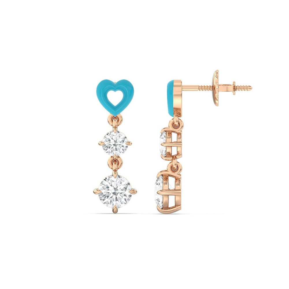 Heart Drop Earrings in Ceramic with 14KT Rose Gold / Aqua / 1 3/4 Cut Diamond in 14KT Rose Gold / Aqua / 1 3/4 view 2

