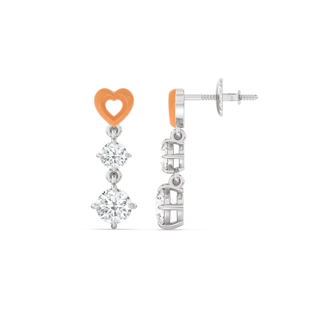 Heart Drop Earrings in Ceramic with 14KT White Gold / Coral / 1 3/4 Cut Diamond in 14KT White Gold / Coral / 1 3/4 view 2
