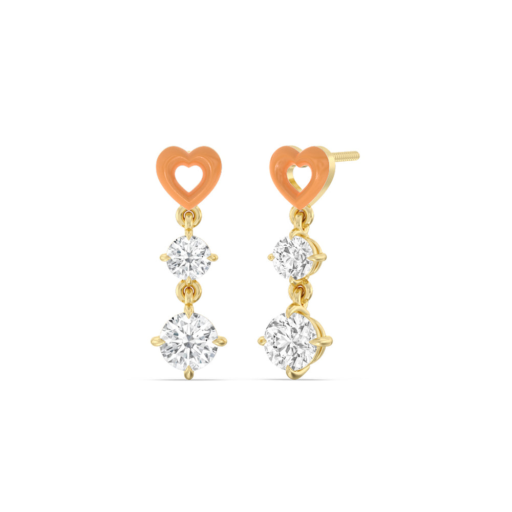 Heart Drop Earrings in Ceramic with 14KT Yellow Gold / Coral / 1 3/4 Cut Diamond in 14KT Yellow Gold / Coral / 1 3/4 view 1
