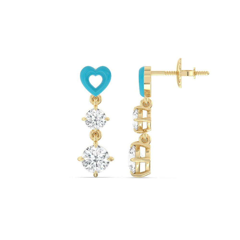 Heart Drop Earrings in Ceramic with 14KT Yellow Gold / Aqua / 1 3/4 Cut Diamond in 14KT Yellow Gold / Aqua / 1 3/4 view 2
