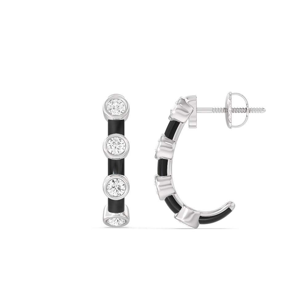 Diamond Crescent Hoops in Ceramic with Sterling Silver / Midnight / 3/4 Cut Diamond in 14KT Sterling Silver / Midnight / 3/4 view 2
