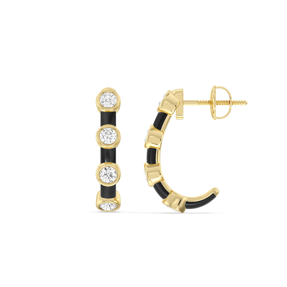 Diamond Crescent Hoops in Ceramic with 14KT Yellow Gold / Midnight / 3/4 Cut Diamond in 14KT Yellow Gold / Midnight / 3/4 view 2
