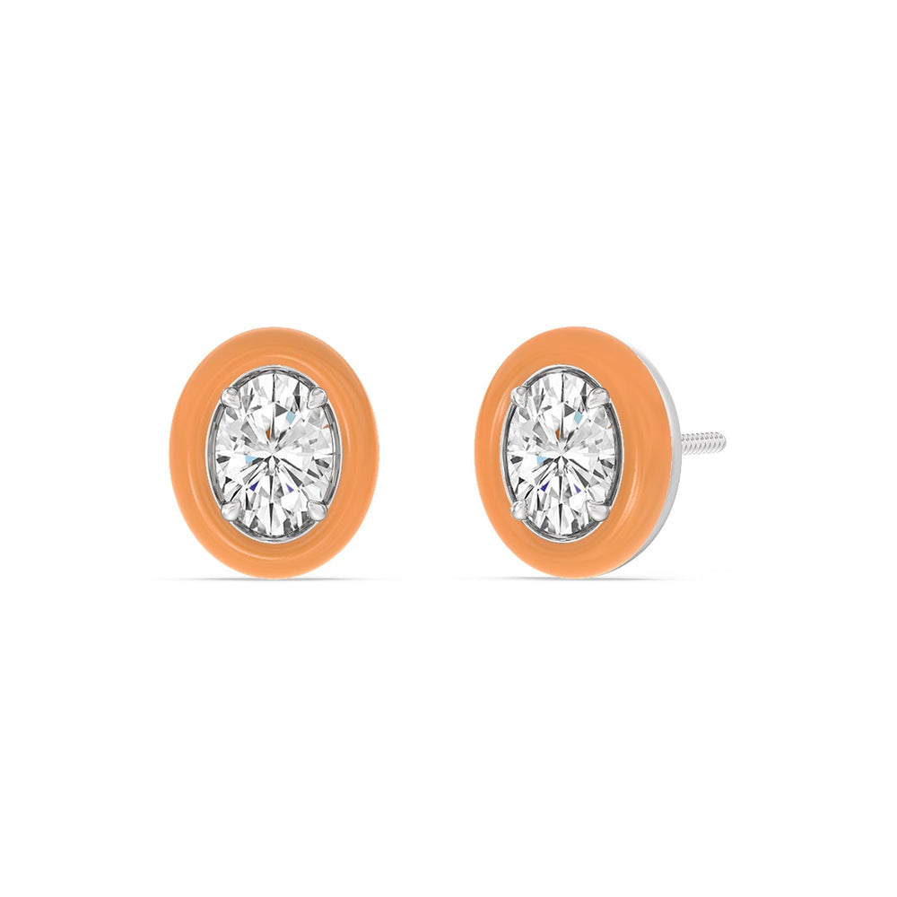 Oval Bezel Studs in Ceramic with Sterling Silver / Coral / 1/2 Cut Diamond in 14KT Sterling Silver / Coral / 1/2 view 1
