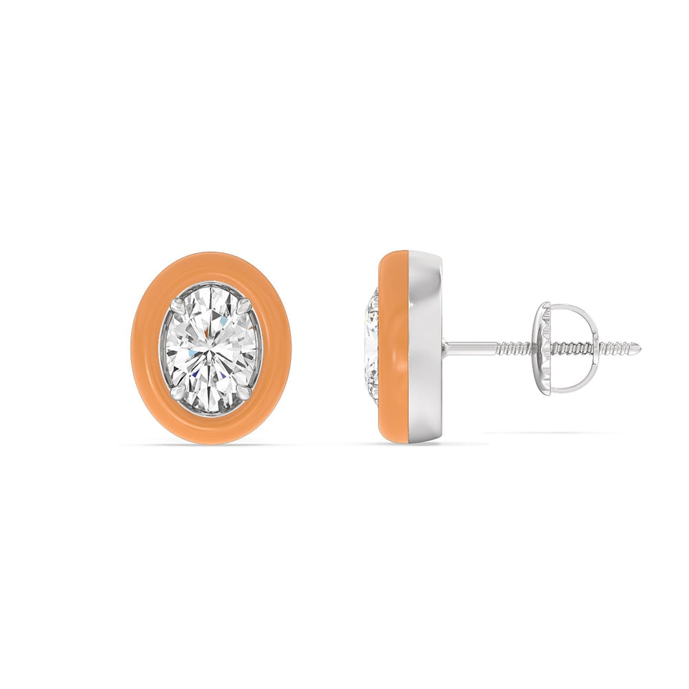 Oval Bezel Studs in Ceramic with Sterling Silver / Coral / 1/2 Cut Diamond in 14KT Sterling Silver / Coral / 1/2 view 2
